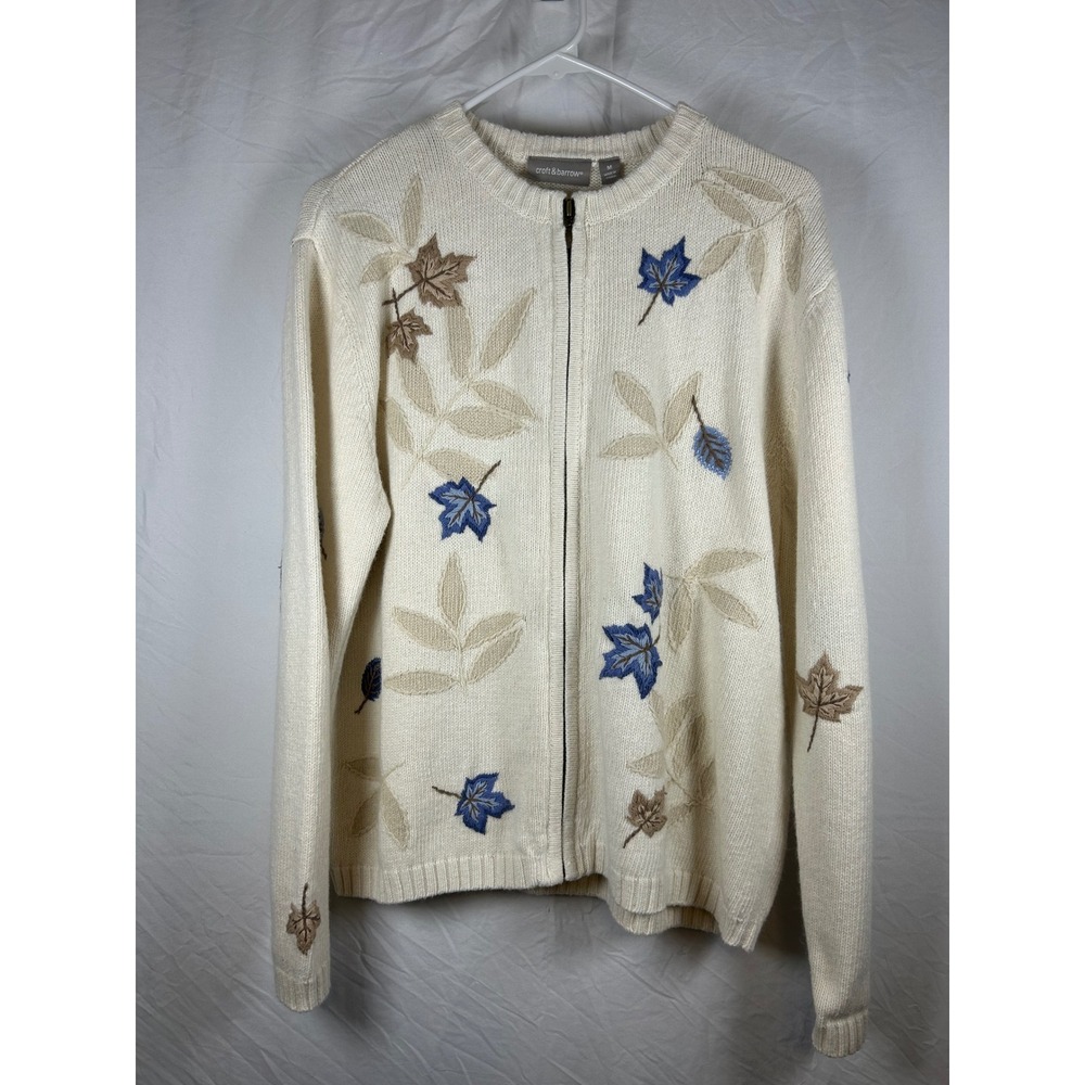 Croft & Barrow Womens Medium Cream Embroidered Leaf Full Zip Cardigan Sweater